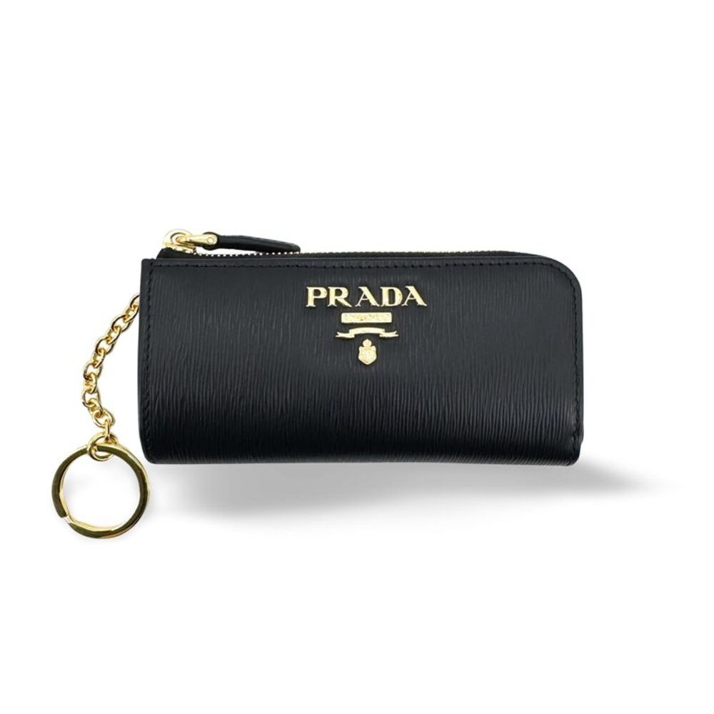 Prada Vitello Move Zipper Key Clutch Black Gold Hardware